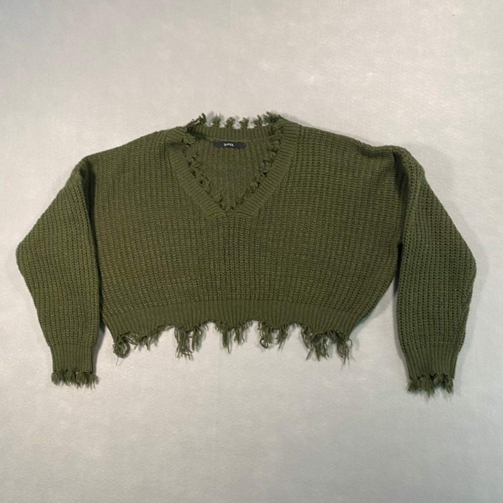 Zaful Womens Olive Green Distressed Cropped V-Neck Chunky Ribbed‎ Knit Sweater
